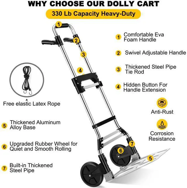 Alt view image 2 of 7 - 330 LB Capacity Folding Hand Truck Dolly Cart, Portable Aluminum Dolly Cart with Telescoping Handle and Rubber Wheels for Moving,Shopping,Travel,Office Use.