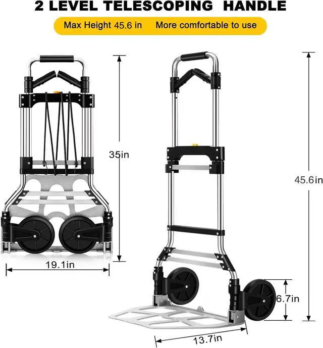 Alt view image 5 of 7 - 330 LB Capacity Folding Hand Truck Dolly Cart, Portable Aluminum Dolly Cart with Telescoping Handle and Rubber Wheels for Moving,Shopping,Travel,Office Use.