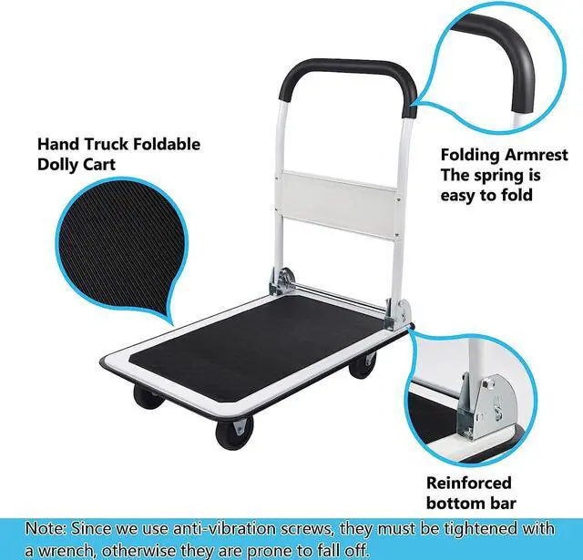 Alt view image 5 of 6 - Foldable Push Cart Platform Cart 330lbs Capacity 4 Wheels 28.7x18.5x32.3inches White Small Flatbed Cart