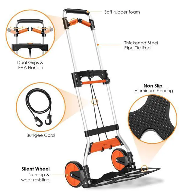 Alt view image 3 of 7 - Dolly Cart, 309 lb Aluminum Folding Hand Truck with Swivel Handle, Heavy Duty Utility Dolly Foldable Trolley with Elastic Cord, 7 Inch Wheels for Moving, Warehousing, Shopping and More