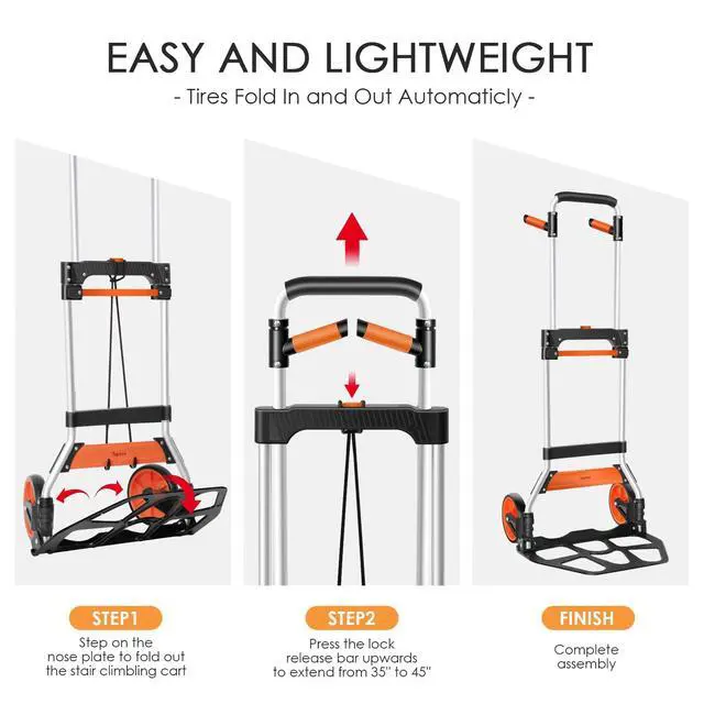 Alt view image 5 of 7 - Dolly Cart, 309 lb Aluminum Folding Hand Truck with Swivel Handle, Heavy Duty Utility Dolly Foldable Trolley with Elastic Cord, 7 Inch Wheels for Moving, Warehousing, Shopping and More
