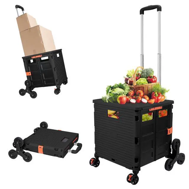 Main image of SELORSS Folding Utility Cart Portable Rolling Crate Handcart with Stair Climbing Wheels&360°Swivel Wheels Telescoping Handle Plastic Box Dolly for Travel Shop Move Office Teacher Use(Black)
