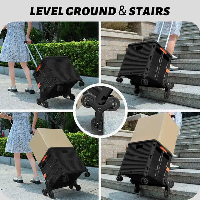 Alt view image 3 of 7 - SELORSS Folding Utility Cart Portable Rolling Crate Handcart with Stair Climbing Wheels&360°Swivel Wheels Telescoping Handle Plastic Box Dolly for Travel Shop Move Office Teacher Use(Black)