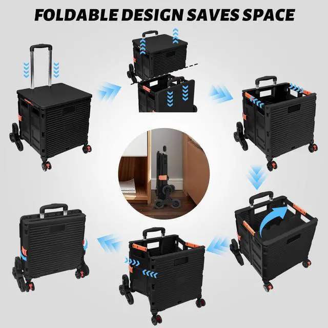 Alt view image 4 of 7 - SELORSS Folding Utility Cart Portable Rolling Crate Handcart with Stair Climbing Wheels&360°Swivel Wheels Telescoping Handle Plastic Box Dolly for Travel Shop Move Office Teacher Use(Black)