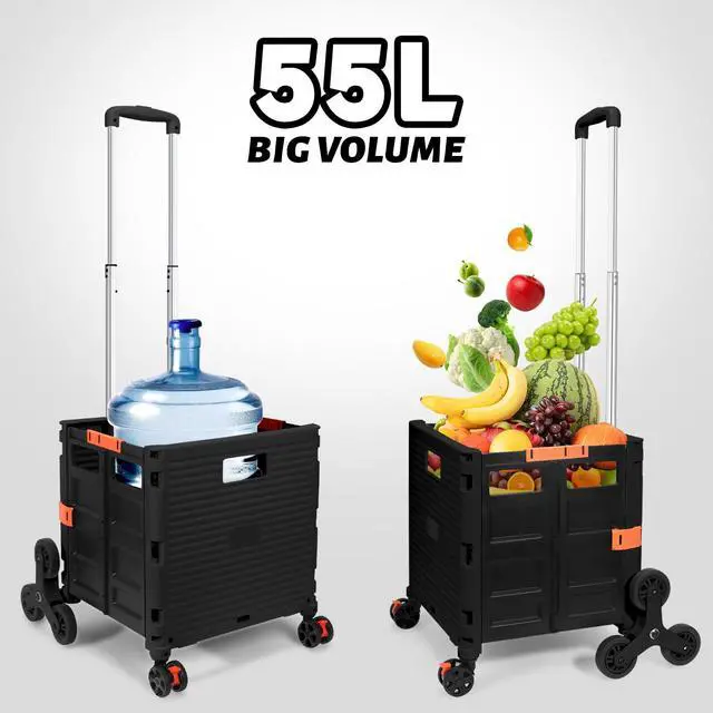 Alt view image 6 of 7 - SELORSS Folding Utility Cart Portable Rolling Crate Handcart with Stair Climbing Wheels&360°Swivel Wheels Telescoping Handle Plastic Box Dolly for Travel Shop Move Office Teacher Use(Black)