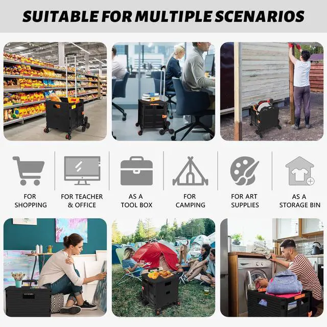 Alt view image 5 of 7 - SELORSS Folding Utility Cart Portable Rolling Crate Handcart with Stair Climbing Wheels&360°Swivel Wheels Telescoping Handle Plastic Box Dolly for Travel Shop Move Office Teacher Use(Black)