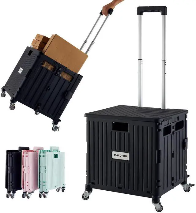 Main image of Folding Utility Cart Portable Rolling Crate Handcart Shopping Trolley Collapsible Tool Box, with Lid, Basket on 4 Rotate Wheels, for Grocery, Office, Luggage, Teacher (Black)