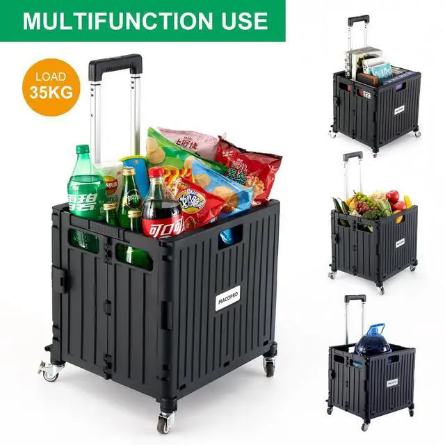 Alt view image 2 of 7 - Folding Utility Cart Portable Rolling Crate Handcart Shopping Trolley Collapsible Tool Box, with Lid, Basket on 4 Rotate Wheels, for Grocery, Office, Luggage, Teacher (Black)