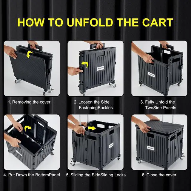 Alt view image 5 of 7 - Folding Utility Cart Portable Rolling Crate Handcart Shopping Trolley Collapsible Tool Box, with Lid, Basket on 4 Rotate Wheels, for Grocery, Office, Luggage, Teacher (Black)