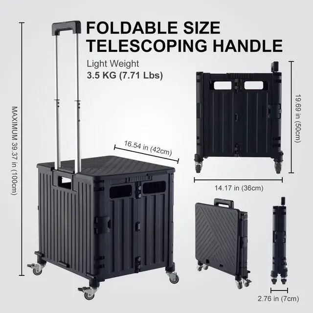 Alt view image 4 of 7 - Folding Utility Cart Portable Rolling Crate Handcart Shopping Trolley Collapsible Tool Box, with Lid, Basket on 4 Rotate Wheels, for Grocery, Office, Luggage, Teacher (Black)