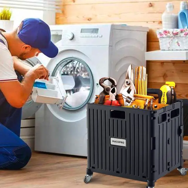 Alt view image 7 of 7 - Folding Utility Cart Portable Rolling Crate Handcart Shopping Trolley Collapsible Tool Box, with Lid, Basket on 4 Rotate Wheels, for Grocery, Office, Luggage, Teacher (Black)