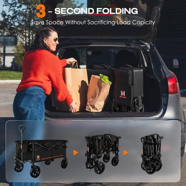 Alt view image 2 of 6 - 140L Collapsible Folding Wagon, Large Capacity Foldable Wagon with Silent All-Terrain Wheels, Utility Grocery Cart for Camping Shopping Outdoor, Black