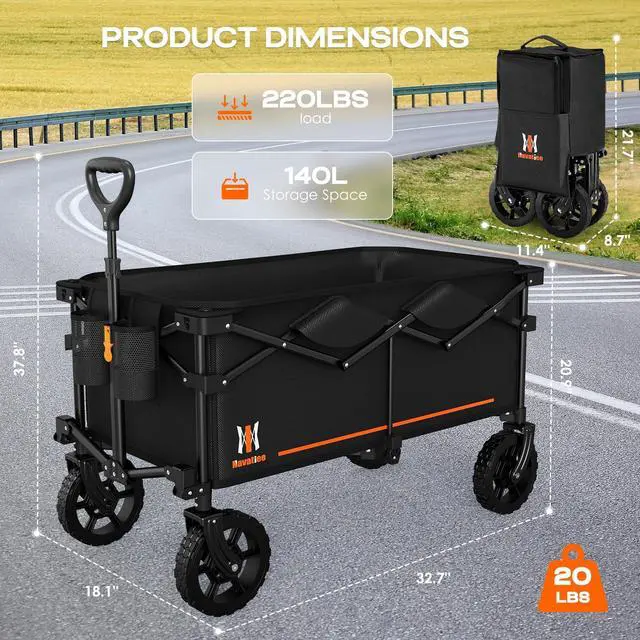 Alt view image 5 of 6 - 140L Collapsible Folding Wagon, Large Capacity Foldable Wagon with Silent All-Terrain Wheels, Utility Grocery Cart for Camping Shopping Outdoor, Black