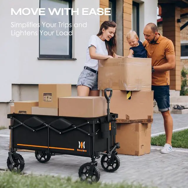 Alt view image 6 of 6 - 140L Collapsible Folding Wagon, Large Capacity Foldable Wagon with Silent All-Terrain Wheels, Utility Grocery Cart for Camping Shopping Outdoor, Black