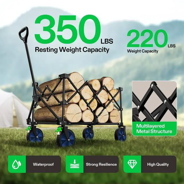 Alt view image 3 of 7 - Collapsible Folding Wagon, 350 lb Load-Bearing Outdoor Utility Cart with Silent Universal Wheels, Cup Holders &Side Pockets, Adjustable Handle, for Camping, Garden, Sports, Picnic, Shopping
