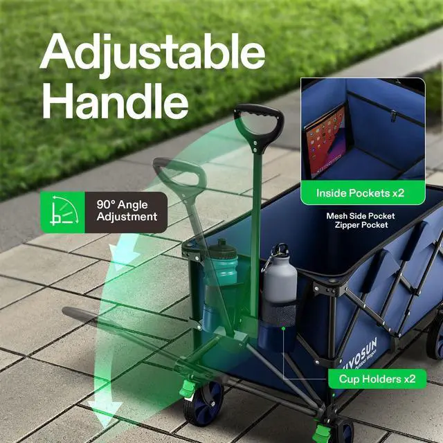 Alt view image 6 of 7 - Collapsible Folding Wagon, 350 lb Load-Bearing Outdoor Utility Cart with Silent Universal Wheels, Cup Holders &Side Pockets, Adjustable Handle, for Camping, Garden, Sports, Picnic, Shopping