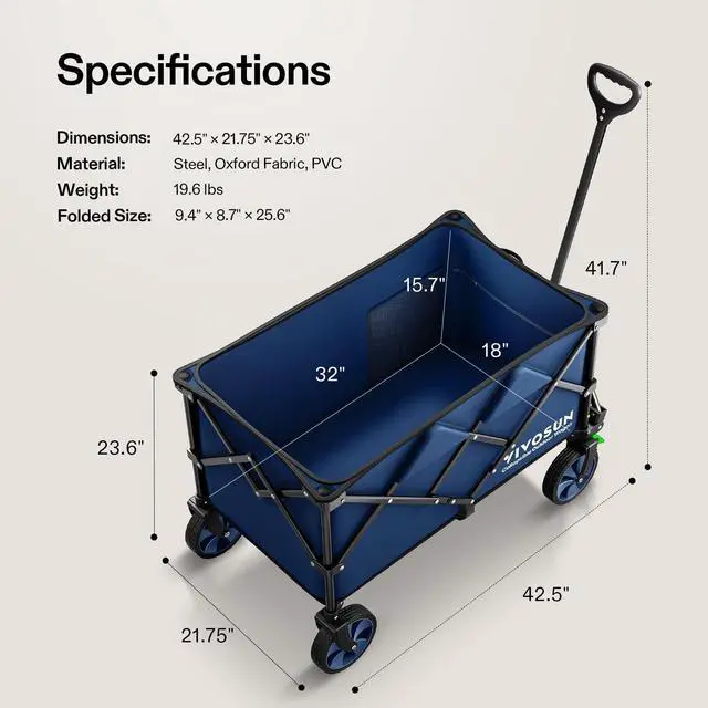Alt view image 7 of 7 - Collapsible Folding Wagon, 350 lb Load-Bearing Outdoor Utility Cart with Silent Universal Wheels, Cup Holders &Side Pockets, Adjustable Handle, for Camping, Garden, Sports, Picnic, Shopping