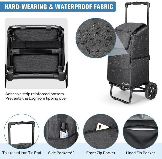 Alt view image 5 of 7 - 2 in 1 Shopping Cart for Groceries, 330 lbs Grocery Cart on Wheels, Foldable Utility Carts with Wheels, Hand Truck with Waterproof Tote Bag for Shopping, School, Laundry, Craft Show, Black