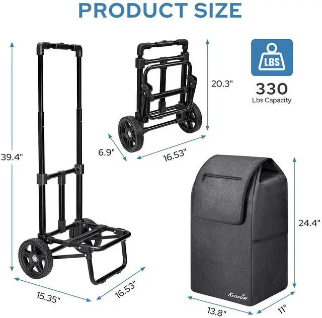 Alt view image 7 of 7 - 2 in 1 Shopping Cart for Groceries, 330 lbs Grocery Cart on Wheels, Foldable Utility Carts with Wheels, Hand Truck with Waterproof Tote Bag for Shopping, School, Laundry, Craft Show, Black