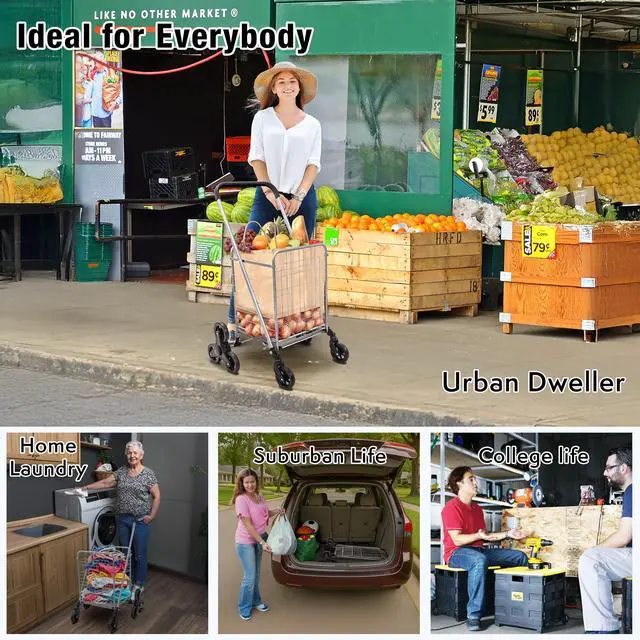 Alt view image 4 of 4 - Stair Climber Cruiser Cart Shopping Grocery Rolling Folding Laundry Basket on Wheels Foldable Utility Trolley Compact Lightweight Collapsible, Silver