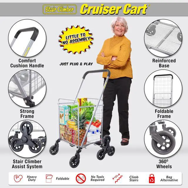 Alt view image 2 of 4 - Stair Climber Cruiser Cart Shopping Grocery Rolling Folding Laundry Basket on Wheels Foldable Utility Trolley Compact Lightweight Collapsible, Silver