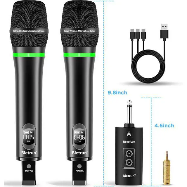 Alt view image 7 of 7 - Rechargeable Wireless Microphone, Dual Metal Cordless Handheld Dynamic Wireless Mics with 1/4'' Output for Karaoke, Meeting, Singing, Church, Wedding(UHF 240ft Range)(Receiver with Bluetooth)