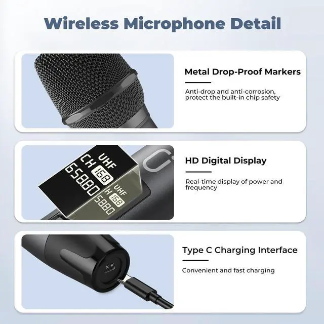 Alt view image 4 of 7 - Wireless Microphones, Professional UHF Dual Microphones for Karaoke, Wireless Dynamic Microphone System Set with Rechargeable Receiver,Plug and Play, Speech, Wedding, Church, PA System