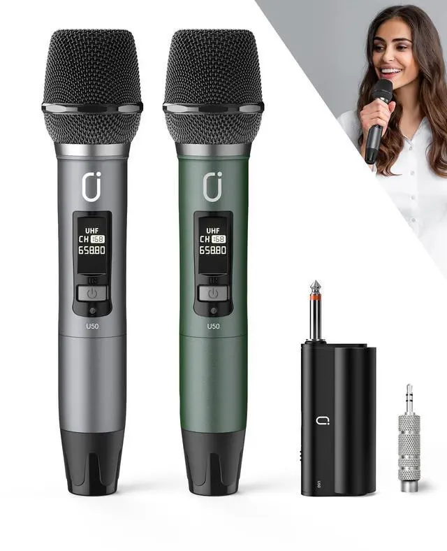 Main image of Wireless Microphones, Professional UHF Dual Microphones for Karaoke, Wireless Dynamic Microphone System Set with Rechargeable Receiver,Plug and Play, Speech, Wedding, Church, PA System
