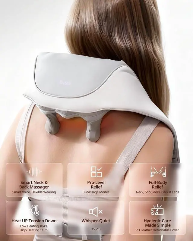 Alt view image 2 of 7 - Cordless Shiatsu Neck and Back Massager with Heat, 10 Mins x 12 Uses, 3 Massage Modes & 2 Intensity Levels, 3D Kneading Deep Tissue for Pain Relief, Voice Prompt & Smart Memory, Relax for Women, Men