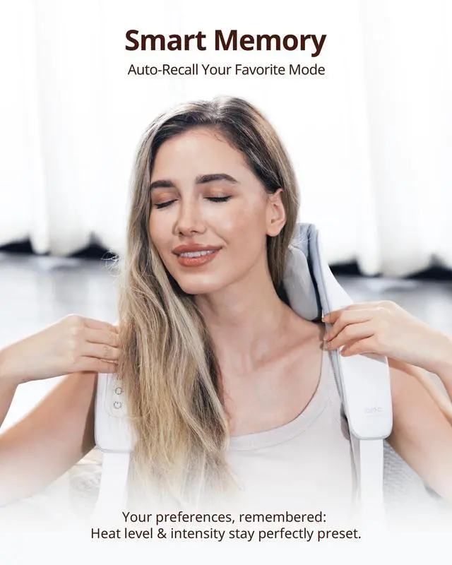 Alt view image 6 of 7 - Cordless Shiatsu Neck and Back Massager with Heat, 10 Mins x 12 Uses, 3 Massage Modes & 2 Intensity Levels, 3D Kneading Deep Tissue for Pain Relief, Voice Prompt & Smart Memory, Relax for Women, Men