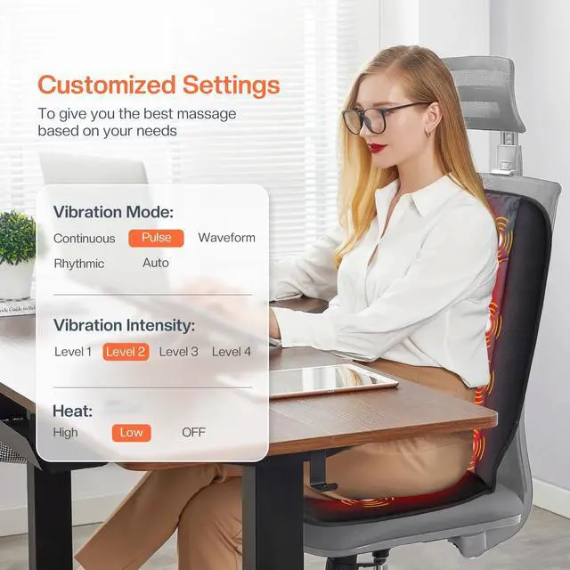 Alt view image 4 of 7 - Massage Chair Pad,Back Massager with Heat,Massage Seat Cushion with 10 Vibration Motors,30-60-90 Minutes Heating Options,Chair Massager for Office Chair, Home Office Use