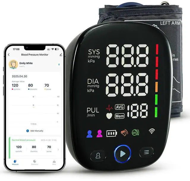 Main image of Automatic Upper Arm Blood Pressure Monitor for Home Use One-Touch, LED Backlit Display, Bluetooth Sync, 8.7"-17.3" Cuff, Dual User 240 Readings, USB-C/Battery (4AA Included)
