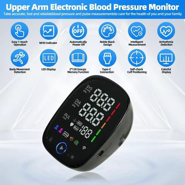 Alt view image 2 of 7 - Automatic Upper Arm Blood Pressure Monitor for Home Use One-Touch, LED Backlit Display, Bluetooth Sync, 8.7"-17.3" Cuff, Dual User 240 Readings, USB-C/Battery (4AA Included)