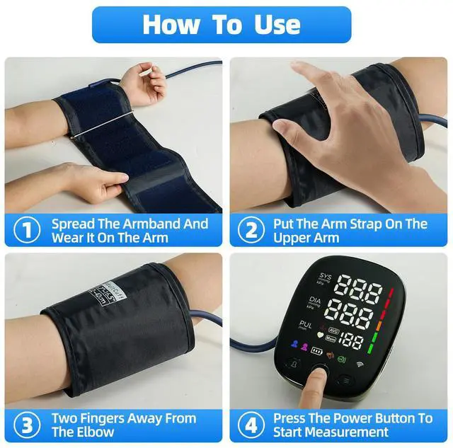 Alt view image 7 of 7 - Automatic Upper Arm Blood Pressure Monitor for Home Use One-Touch, LED Backlit Display, Bluetooth Sync, 8.7"-17.3" Cuff, Dual User 240 Readings, USB-C/Battery (4AA Included)