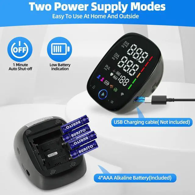 Alt view image 4 of 7 - Automatic Upper Arm Blood Pressure Monitor for Home Use One-Touch, LED Backlit Display, Bluetooth Sync, 8.7"-17.3" Cuff, Dual User 240 Readings, USB-C/Battery (4AA Included)