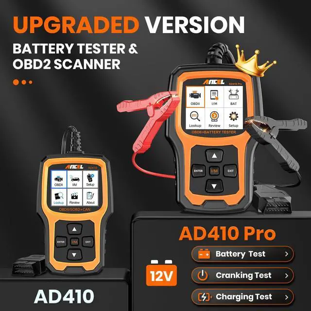 Alt view image 2 of 7 - AD410 PRO OBD2 Scanner and Battery Tester, 2-in-1 Car Diagnostic Tool, Check Engine Light, EVAP Test, Live Data, 12V Battery Analyzer with Cranking & Charging System Test for Car Motorcycle