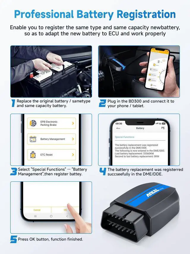 Alt view image 2 of 7 - BD300 OBD2 Scanner Bluetooth Fits for BMW Full System Code Reader Fits for BMW Diagnostic Tool with Battery Registration Tool Service EPB CBS ETC ABS Airbag & Powerful OBD2 Scanner