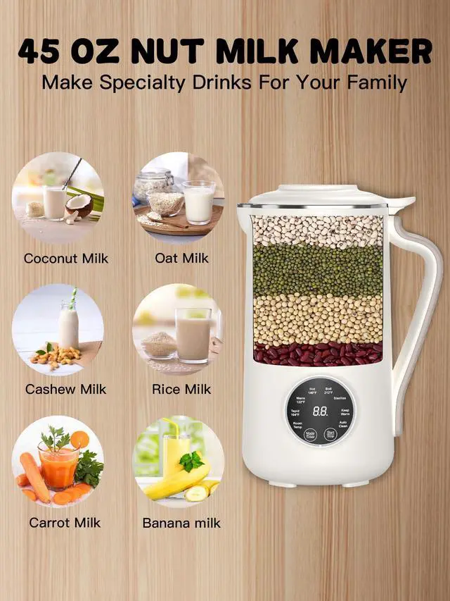Alt view image 4 of 7 - 40oz Nut Milk Maker Machine - Multi-Functional Automatic Almond with 10 Blades, Plant-Based, Oat, Soy, and Dairy Free Beverages 12 Hours Timer/Auto-clean/Room Temp/Keep Warm/Boil, White