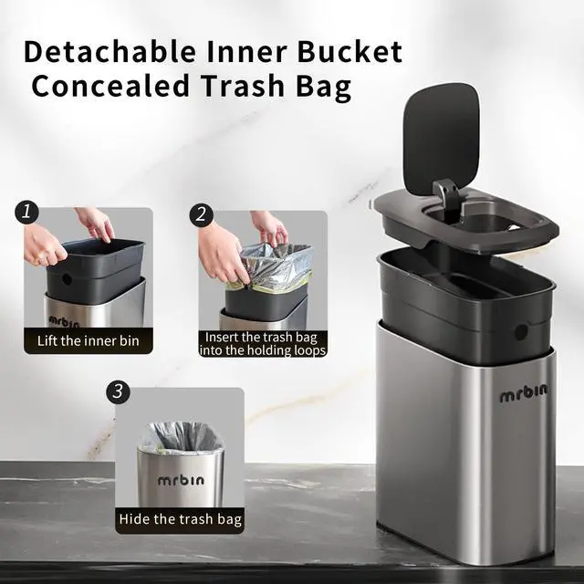 Alt view image 5 of 7 - Stainless Steel Motion Sensor Bathroom Trash Can, 10L / 2.6gal Slim Smart Toilet Waste Basket with Lid, Automatic Touchless Kitchen Bucket for Narrow Restroom, Vanity, Rv, Eclipse Grey