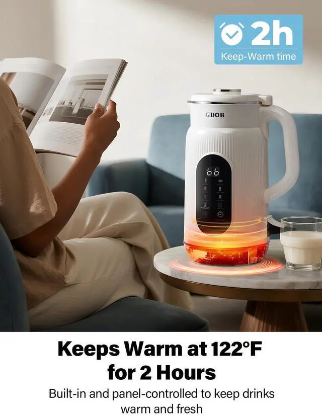 Alt view image 4 of 7 - 42oz Smart Nut Milk Maker, 9-in-1 Plant Milk Machine for Almond, Oat, Soy, Juice & Smoothie, Large Touch Display Blender with Keep Warm, Boil Water, 12H Delay and Self-Cleaning