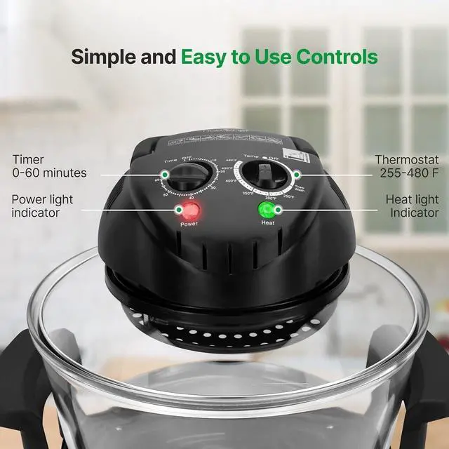Alt view image 5 of 5 - 18 Quart Convection Countertop Air Fryer - See through Glass for Best Cooking Results - Air Fryer, Roaster, Bake, Grill, Steam & Roast - Includes Glass Bowl, Broil Rack & Toasting Rack