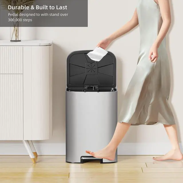 Alt view image 2 of 7 - 5.3 Gallon Kitchen Trash Can with Lid, Heavy Duty Hands-Free Stainless Steel Commercial Step Trash Bin with Removable Inner Bucket, Pedal Rubbish Bin for Home Office and Kitchen, 20L/5.3Gal