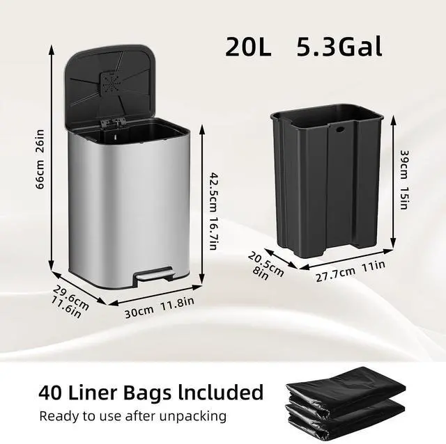 Alt view image 3 of 7 - 5.3 Gallon Kitchen Trash Can with Lid, Heavy Duty Hands-Free Stainless Steel Commercial Step Trash Bin with Removable Inner Bucket, Pedal Rubbish Bin for Home Office and Kitchen, 20L/5.3Gal