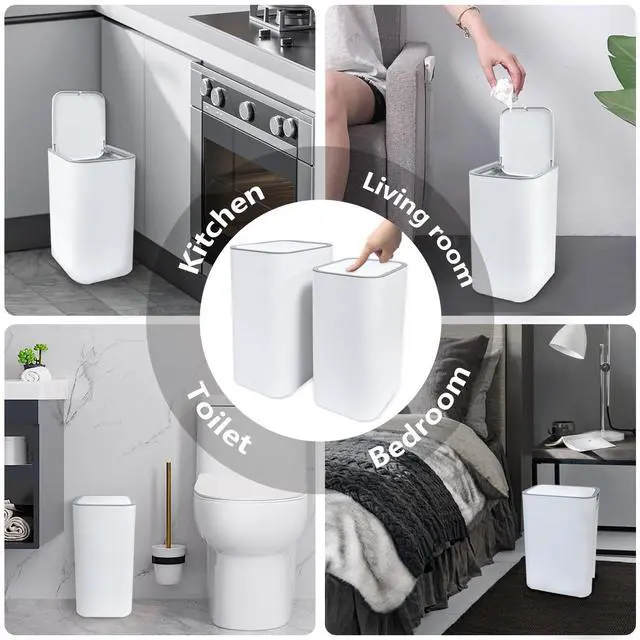 Alt view image 4 of 7 - 13 Gallon Trash Can with Lid, 25-45 L Altitude Variable Bin, Garbage Can with Wheels for Kitchen, Bathroom, Bedroom, Office, Two Space-Saving Small Waste Bin and Garbage Bag