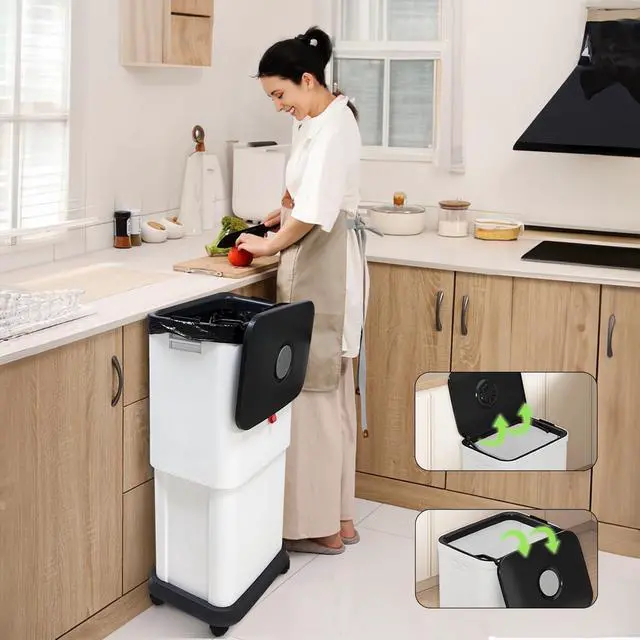 Alt view image 2 of 7 - 13 Gallon Trash Can with Lid, 25-45 L Altitude Variable Bin, Garbage Can with Wheels for Kitchen, Bathroom, Bedroom, Office, Two Space-Saving Small Waste Bin and Garbage Bag