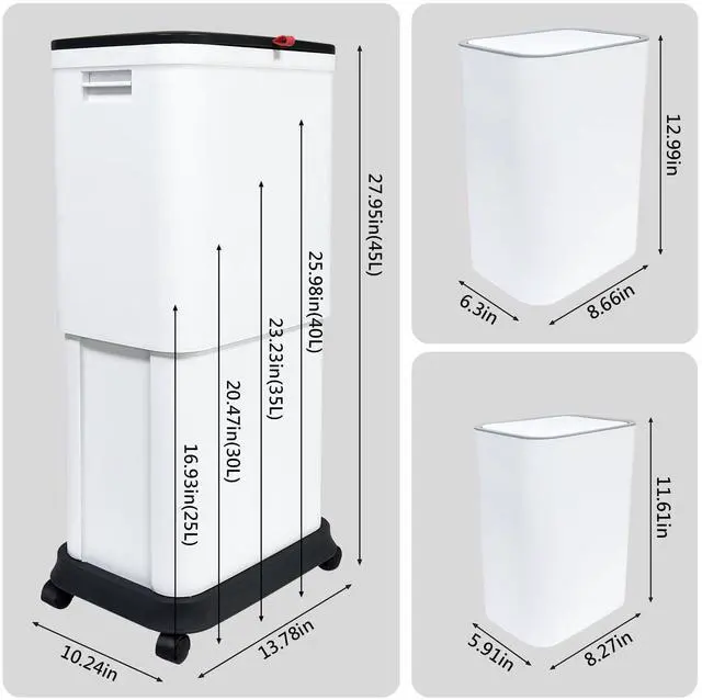 Alt view image 7 of 7 - 13 Gallon Trash Can with Lid, 25-45 L Altitude Variable Bin, Garbage Can with Wheels for Kitchen, Bathroom, Bedroom, Office, Two Space-Saving Small Waste Bin and Garbage Bag