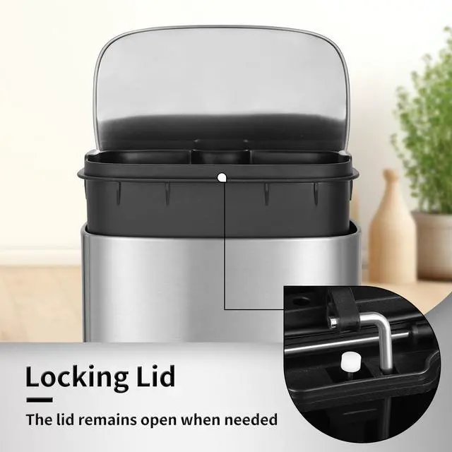 Alt view image 3 of 4 - 13.2+1.3 Gallon Trash Can Combo Set, Stainless Steel Garbage Bin with Pedal, Removable Inner Waste Bucket, Anti-Fingerprint, Soft-Close Locking Lid Dustbin for Kitchen, Bathroom, Office