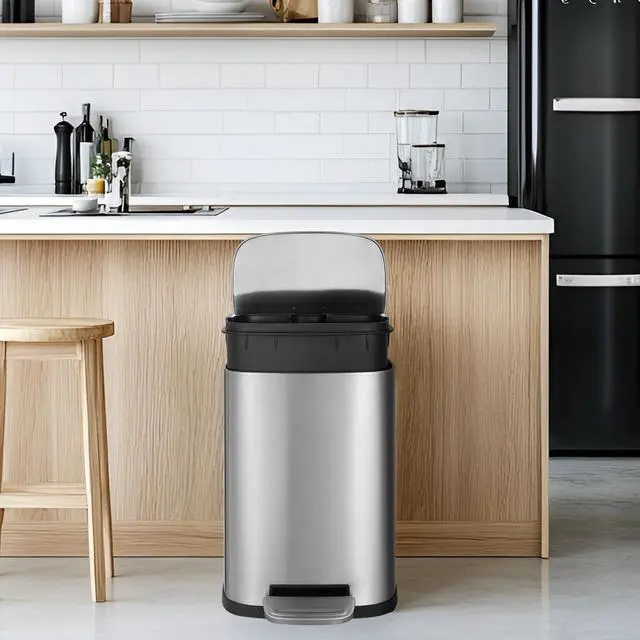 Alt view image 4 of 4 - 13.2+1.3 Gallon Trash Can Combo Set, Stainless Steel Garbage Bin with Pedal, Removable Inner Waste Bucket, Anti-Fingerprint, Soft-Close Locking Lid Dustbin for Kitchen, Bathroom, Office