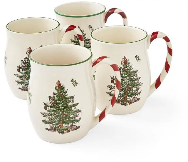 Main image of Spode Christmas Tree 14 oz Holiday Mugs (Set of 4) - Festive Coffee Cups with Peppermint Candy Cane Handle, Stoneware Christmas Drinkware Ideal for Hot Cocoa, Holiday Tea & Winter Beverages
