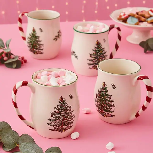 Alt view image 6 of 7 - Spode Christmas Tree 14 oz Holiday Mugs (Set of 4) - Festive Coffee Cups with Peppermint Candy Cane Handle, Stoneware Christmas Drinkware Ideal for Hot Cocoa, Holiday Tea & Winter Beverages